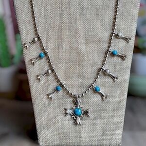 1970s vintage faux turquoise squash blossom necklace silver tone‎ 24 inches